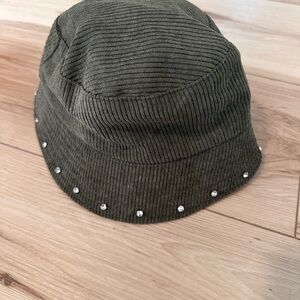 Olive Green Bucket Hat with Rhinestone Accents